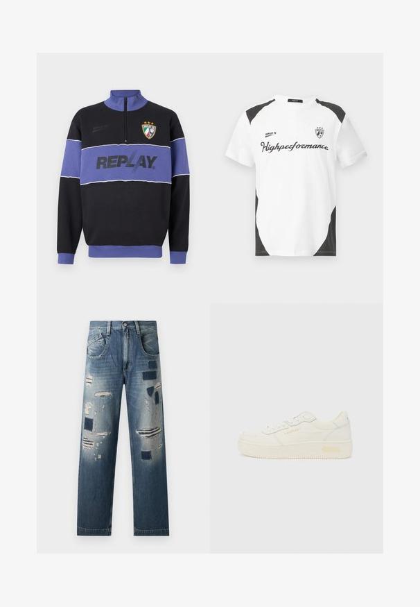 Fekete és lila félcipzáras pulóver, a mellkason "REPLAY" logóval és a bal felső részen Replay FC címerével, három csillaggal.; Fehér, rövid ujjú póló fekete részletekkel. Az "REPLAY FC" logó és a "Highpeformance" felirat sportos betűtípussal díszíti. Simogatós anyagból készült.; Farmernadrág, amely kopott foltokkal és változó kék árnyalatokkal rendelkezik, egyenes szárú fazonnal és hagyományos ött zsebes kialakítással.; Replay EPIC HIGH - Sportcipő - white