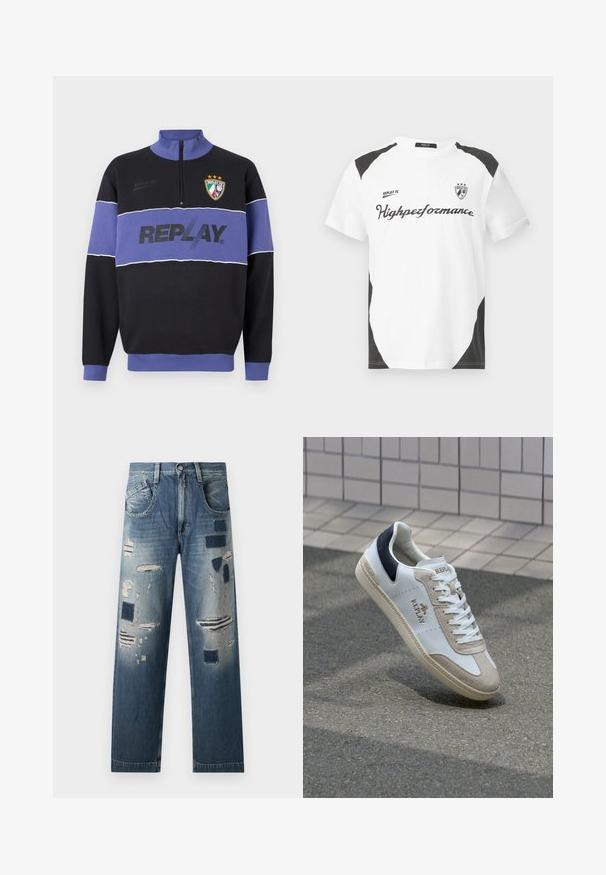 Sweatshirt noir et violet à demi-zip avec le logo "REPLAY" sur la poitrine et le blason de Replay FC avec trois étoiles en haut à gauche.; T-shirt blanche à manches courtes avec des accents noirs. Présente le logo "REPLAY FC" et le texte "Highperformance" dans une police sportive. Fabriquée à partir d'un matériau lisse.; Jean en denim avec des patches déchirés et des nuances de bleu variées, présentant une coupe droite et un design traditionnel à cinq poches.; Baskets en cuir blanc avec des accents en suède beige, un onglet de talon bleu marine et un logo doré. Semelle texturée avec un motif décoratif. Design classique à lacets.