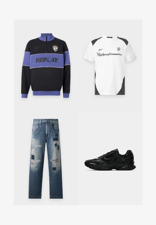 Sudadera de medio cierre en negro y púrpura con el logo "REPLAY" en el pecho y el escudo de Replay FC con tres estrellas en la parte superior izquierda.; Camiseta blanca de manga corta con acentos negros. Lleva el logo "REPLAY FC" y el texto "Highperformance" en una fuente deportiva. Fabricada con un material suave.; Jeans de denim con parches desgastados y tonos de azul variados, con un corte recto y un diseño tradicional de cinco bolsillos.; Zapatillas deportivas negras con parte superior texturizada, acentos reflectantes y suelas acolchadas. Presentan cordones y el logotipo de la marca en el lateral.
