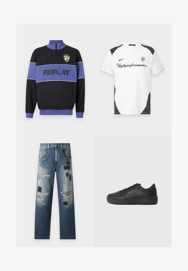 Svart och lila halvzip-sweatshirt med "REPLAY" logotyp över bröstet och Replay FC-märke med tre stjärnor på övre vänstra sidan.; Vit t-shirt med kort ärm och svarta accenter. Har "REPLAY FC"-logotypen och texten "Highperformance" i en sportig stil. Tillverkad av ett mjukt material.; Jeans av denim med slitna lappar och varierande nyanser av blått, med en rak benklippning och traditionell femfickorsdesign.; Replay EPIC HIGH - Sneakers - black