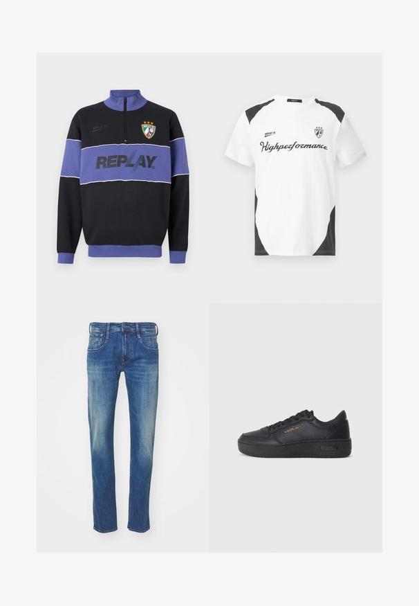 Mustmust ja lilla poole tõmbluku sweatshirt, millel on rindkere ulatuses "REPLAY" logo ja Replay FC vapp kolme tähega vasakus ülanurgas.; Valge lühikeste varrukatega t-särk mustade aktsentidega. Omab "REPLAY FC" logo ja "Highperformance" teksti sportlikus kirjas. Valmistatud siledast materjalist.; Sinine denimist valmistatud sirge jala disainiga teksased, kulunud välimus, viie tasku stiil ning metallist riistvaraga nupul ja tõmblukul.; Replay EPIC HIGH - Tossud - black