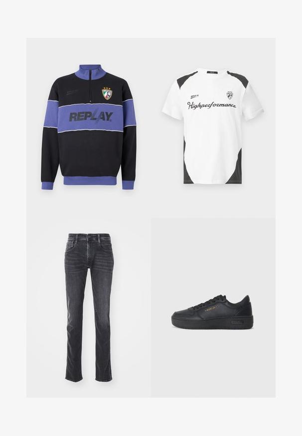 Sudadera de medio cierre en negro y púrpura con el logo "REPLAY" en el pecho y el escudo de Replay FC con tres estrellas en la parte superior izquierda.; Camiseta blanca de manga corta con acentos negros. Lleva el logo "REPLAY FC" y el texto "Highperformance" en una fuente deportiva. Fabricada con un material suave.; Vaqueros de denim gris oscuro con un diseño de pierna recta, ligeros desgastes y cinco bolsillos. Cierre con botón y cremallera.; Replay EPIC HIGH - Zapatillas - black