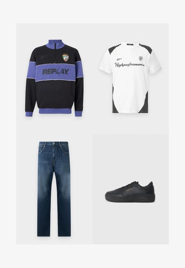 Črna in vijolična polovica zadrge s puloverjem z logotipom "REPLAY" na prsih in grbom Replay FC s tremi zvezdami na zgornji levi strani.; Bela kratka majica s kratkimi rokavi z črnimi detajli. Vsebuje logo "REPLAY FC" in besedilo "Highperformance" v športnem fontu. Narejena je iz gladkega materiala.; Temno modri kavbojki z ravnim krojem. Vključuje sprednje žepe, zadrgo in subtilno zbledelost proti robu.; Replay EPIC HIGH - Športni copati - black