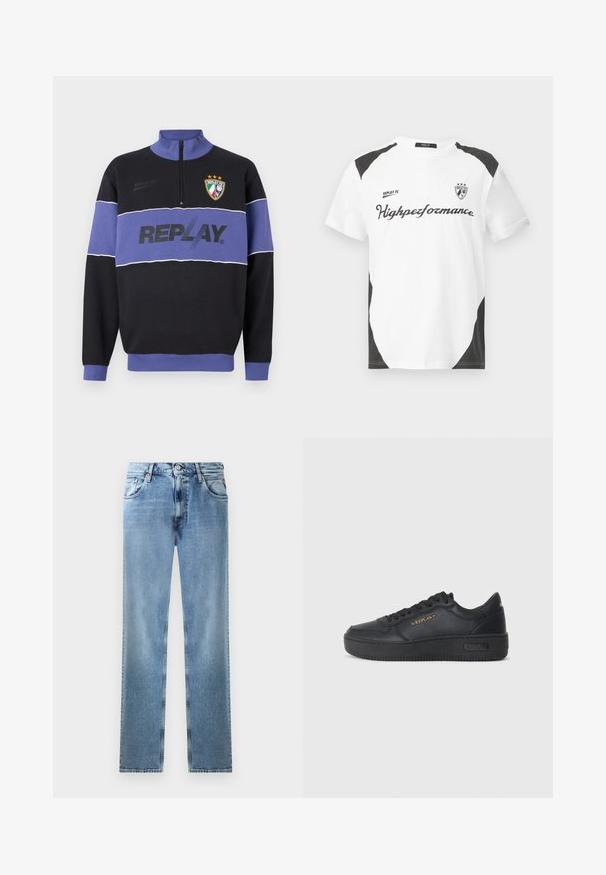 Sweatshirt preto e roxo com meio zíper, com o logótipo "REPLAY" na parte frontal e o emblema da Replay FC com três estrelas no canto superior esquerdo.; T-shirt de manga curta branca com detalhes em preto. Apresenta o logótipo "REPLAY FC" e o texto "Highperformance" numa fonte desportiva. Fabricado em um material suave.; Jeans de ganga azul claro de corte straight-leg, com bolsos, rebites de cobre e fecho de botão. Apresentam um design desbotado e uma bainha limpa.; Replay EPIC HIGH - Sapatilhas - black