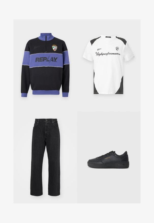 Musta ja purppura puolivetoketjullinen huppari, jossa on "REPLAY"-logo rinnassa ja Replay FC -logo kolmen tähden kanssa vasemmassa yläkulmassa.; Valkoinen lyhythihainen t-paita mustilla yksityiskohdilla. Sisältää "REPLAY FC" -logon ja "Highperformance"-tekstin urheilullisella fontilla. Valmistettu sileästä materiaalista.; Musta farkkuhousut suoranlahkeisella leikkauksella, jossa on normaali vyötärö, viisi taskua ja hillityt ompeluyksityiskohdat.; Replay EPIC HIGH - Matalavartiset tennarit - black