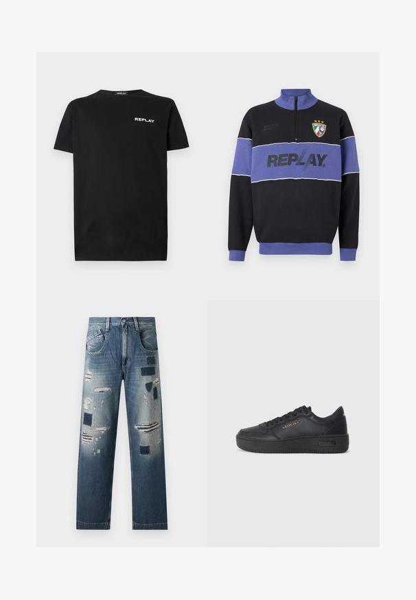 Juodas ir purpurinis pusiau užtrauktukas su "REPLAY" logotipu per krūtinę ir "Replay FC" herbu su trimis žvaigždėmis viršutiniame kairiajame kampe.; Juodas medvilninis marškinėlis trumpomis rankovėmis ir apvalia iškirpte, su baltu "REPLAY" logotipu kairėje krūtinės pusėje. Lygi tekstūra.; Džinsai su nusidėvėjusiais lopais ir skirtingomis mėlynos spalvos atspalviais, su tiesiomis kojomis ir tradiciniu penkių kišenių dizainu.; Replay EPIC HIGH - Sportbačiai - black