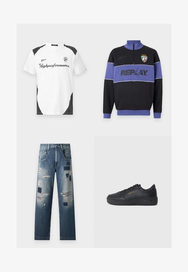 Sudadera de medio cierre en negro y púrpura con el logo "REPLAY" en el pecho y el escudo de Replay FC con tres estrellas en la parte superior izquierda.; Camiseta blanca de manga corta con acentos negros. Lleva el logo "REPLAY FC" y el texto "Highperformance" en una fuente deportiva. Fabricada con un material suave.; Jeans de denim con parches desgastados y tonos de azul variados, con un corte recto y un diseño tradicional de cinco bolsillos.; Replay EPIC HIGH - Zapatillas - black