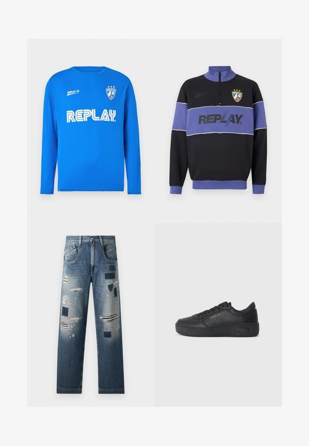Zwarte en paarse half-zip sweatshirt met "REPLAY" logo over de borst en het Replay FC-embleem met drie sterren op de bovenlinkerzijde.; Langarmige blauwe T-shirt van katoen met een ronde hals, voorzien van een wit "REPLAY" logo en de tekst "REPLAY FC", en een schildlogo met drie sterren.; Denim jeans met versleten patches en verschillende tinten blauw, met een rechte pijp en een traditionele vijf-pocketontwerp.; Replay EPIC HIGH - Sneakers laag - black