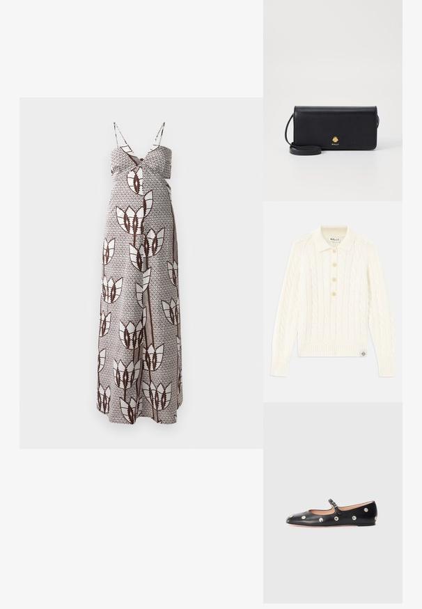 Krem pulover s kabelskim pletenjem i ovratnikom, s četiri gumba, rebrastim rukavima i malim logom na rubu.; Maxi haljina s tankim naramenicama, sa smešnim i belim apstraktnim cvjetnim uzorkom na teksturiranom materijalu. Elastični pojas za udobnost.; Crne kožne Mary Jane balerinke s zaobljenim vrhom, koje sadrže srebrne kružne zakovice i podesivu traku s kopčom.; Crni kožni novčanik slim pravokutnog oblika, s zlatnim logotipom. Uključuje odvojivu traku za lako nošenje.