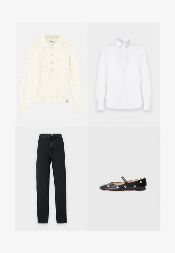 Krémový sveter s pleteným vzorom a golierom, s prešívaním na štyri gombíky, s rebrovanými manžetami a malou nášivkou loga na okraji.; Biela košeľa s dlhými rukávmi vyrobená z hladkej látky, s golierom a predným zapínaním na svetloružové gombíky.; Čierne, rovné džínsy vyrobené z denimu. Majú vysoký pás, uzatváranie na kovový gombík, päť vreciek a diskrétne šití.; Čierne kožené baleríny typu Mary Jane s okrúhlou špičkou, so striebornými kruhovými cvokmi a nastaviteľným remienkom so sponou.