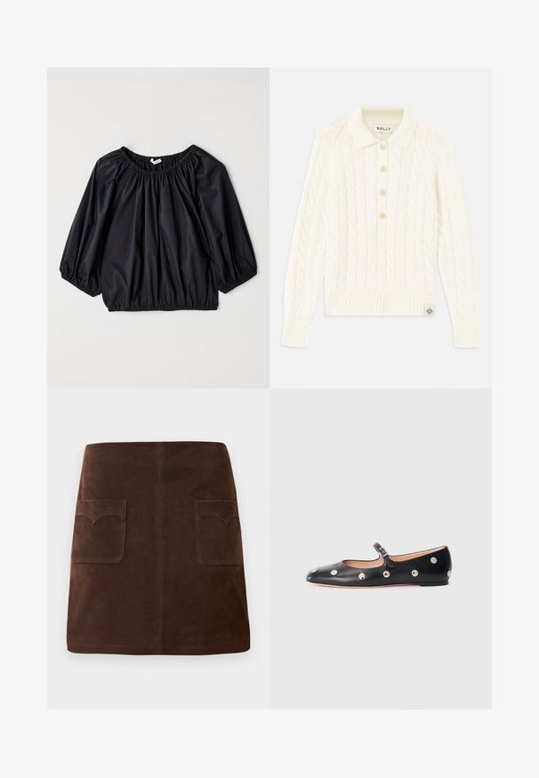 Cremefarbener Grobstrickpullover mit Kragen, vierknöpfiger Blende, gerippten Bündchen und einem kleinen Logopatch am Saum.; Schwarze, leichte Bluse mit einem elastischen Ausschnitt und Bündchen. Hat eine lockere, ballonartige Form und eine glatte, glänzende Textur.; Brauer Wildlederrock im klassischen A-Linien-Schnitt, mit zwei vorderen Taschen mit abgerundeten Klappen und dezenten Nähten.; Schwarze Leder-Mary-Jane-Ballenflats mit runder Zehenform, ausgestattet mit silbernen runden Nieten und einem verstellbaren Riemen mit Schnalle.