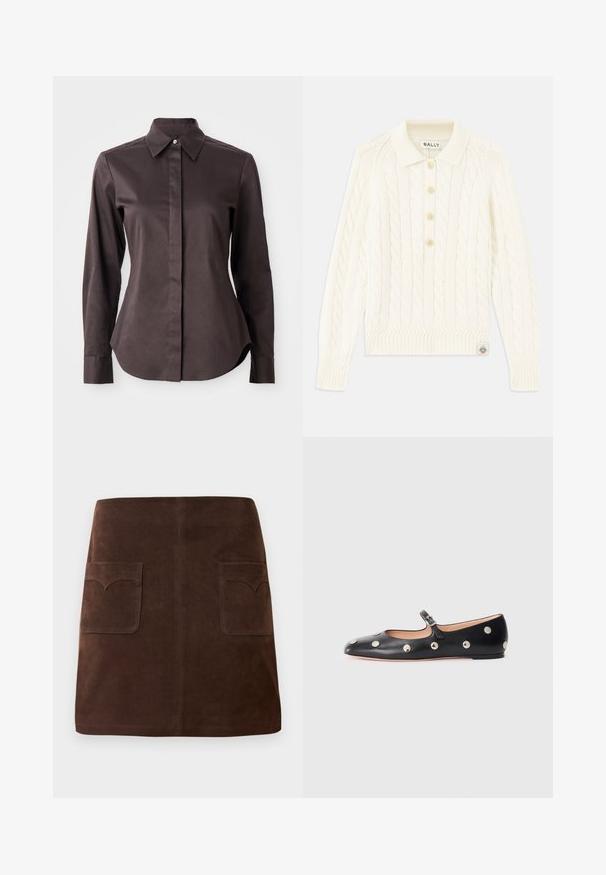 Crème kabelgebreide trui met een kraagnek, een placket met vier knopen, geribbelde boorden en een klein logo-opdruk aan de onderkant.; Donkerbruin langemouw overhemd met knoopsluiting en puntige kraag op een witte achtergrond.; Bruin suède rok met een klassieke A-lijn vorm, twee voorzakken met ronde kleppen en subtiele stikdetails.; Zwarte leren Mary Jane ballerina met een ronde neus, voorzien van zilveren ronde studs en een verstelbaar bandje met een gesp.