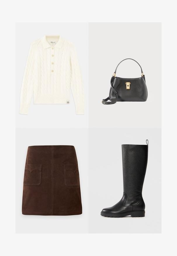 Kreminė kabelinė megztinė su apykakle, keturių mygtukų užsegimu, galuotais rankogaliais ir mažu logotipu ant apdailos.; Ruda veliūrinė sijonas, pasižymintis klasikinio A formos siluetu, dviem priekinėmis kišenėmis su apvaliais uždangaliukais ir subtiliais siuvinėjimo akcentais.; Juodi kelio ilgio batai, pagaminti iš tekstūruotos odos, su apvalia nosimi, tvirtu gumuotu padu su sukibimu ir užtrauktuku viršuje.; Juodas odinis rankinukas su tekstūruotu paviršiumi, turintis auksinę spynos uždarymą, trumpą rankeną ir nuimamą peties diržą.