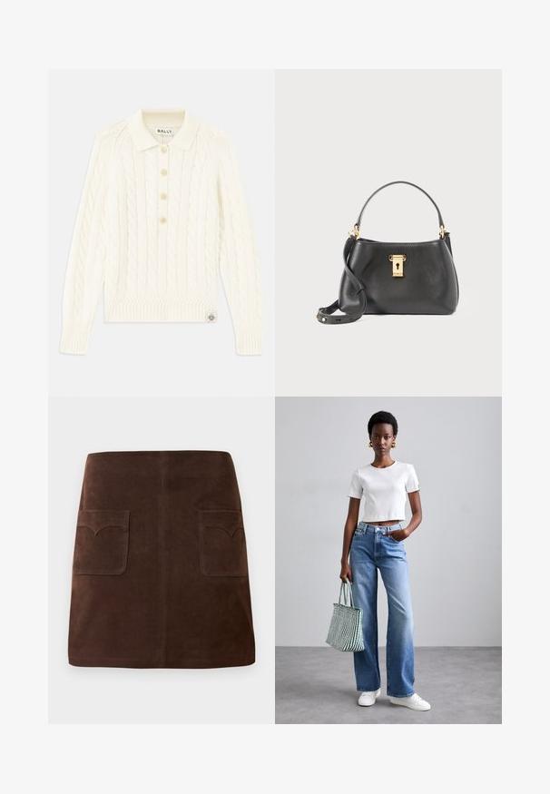 Pull en maille torsadée crème avec un col, patte de boutonnage à quatre boutons, poignets côtelés et un petit patch logo en bas.; Jupe en suède marron présentant une silhouette A-line classique, deux poches avant avec des rabats arrondis et des détails de couture discrets.; T-shirt cropped blanc à côtes, jeans larges bleu clair, et sneakers blanches. Portant un sac fourre-tout à rayures vertes et blanches.; Sac à main en cuir noir avec une finition texturée, présentant une fermeture à verrou doré, une courte poignée et une bandoulière détachable.