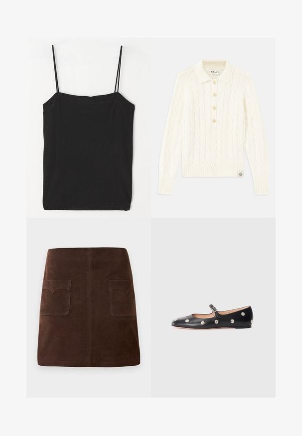Krém színű kötött pulóver, galléros nyakkal, négy gombos felső résszel, bordázott mandzsettákkal és egy kis logóval a szegélyen.; Fekete ujjatlan topp vékony pántokkal, puha pamutkeverékből készült, egyenes nyakkivágással és testhez simuló szabással.; Barna velúr szoknya klasszikus A-vonalú fazonnal, két elülső zsebbel kerek fedéllel és diszkrét varrási részletekkel.; Fekete bőr Mary Jane lapossarkú cipő, lekerekített orral, ezüst színű kör alakú szegecsekkel és állítható pánttal, csattal.