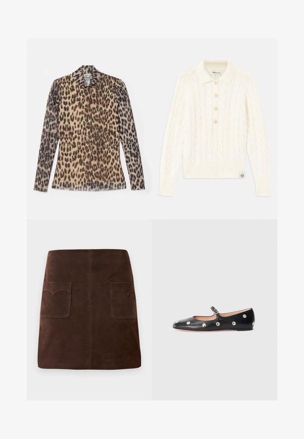 Cremefarbener Grobstrickpullover mit Kragen, vierknöpfiger Blende, gerippten Bündchen und einem kleinen Logopatch am Saum.; Langärmliges Top mit Leopardenmuster und Rundhalsausschnitt, aus einem leichten Stoff mit beigen und braunen Mustern gefertigt.; Brauer Wildlederrock im klassischen A-Linien-Schnitt, mit zwei vorderen Taschen mit abgerundeten Klappen und dezenten Nähten.; Schwarze Leder-Mary-Jane-Ballenflats mit runder Zehenform, ausgestattet mit silbernen runden Nieten und einem verstellbaren Riemen mit Schnalle.