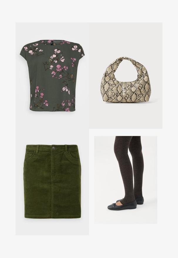Pull en tricot marron avec un col et un ourlet festonné, présentant des manches longues et une texture. ; Haut à manches courtes, vert olive, avec un motif floral comportant des fleurs roses et blanches. Tissu doux avec une coupe décontractée et un col rond.; Deux t-shirts blancs sans manches en coton doux, avec un col rond et sans motifs ni éléments apparents.; Jupe en velours côtelé vert foncé à coupe droite, dotée d'un design à cinq poches et d'une fermeture à bouton en métal à la taille.; Chaussures plates noires avec un petit nœud au niveau des orteils, associées à des collants côtelés marron foncé. Les chaussures ont une texture lisse et un profil bas.; Sac à main en motif serpent avec une poignée incurvée. Fabriqué à partir de matériaux texturés beiges et bruns, présentant un motif en diamant distinctif.