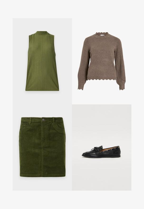 Rudas megztinis su banguotu iškirpimu ir apačia, turintis ilgomis rankovėmis ir tekstūruotu paviršiumi.; Bežlėpė žalia palaidinė, pagaminta iš tekstūruoto audinio su vertikaliu dryžių raštu ir aukštu kaklu. Paprasta fasonas, be jokių papildomų akcentų ar raštų.; Du du baltos be rankovių marškiniai, pagaminti iš minkštos medvilnės, su apvaliu kaklu ir be akivaizdžių raštų ar aksesuarų.; Tamsiai žalia kordūrojo sijonas tiesiu virkščiu, su penkių kišenių dizainu ir metaliniu mygtuko uždarymu juosmens srityje.; Juodi odiniai loafai su surišta mazgeliu, su auksinėmis akytėmis šoninėse dalyse ir plokščiu guminiu padu. Lygus paviršius, klasikinis dizainas.