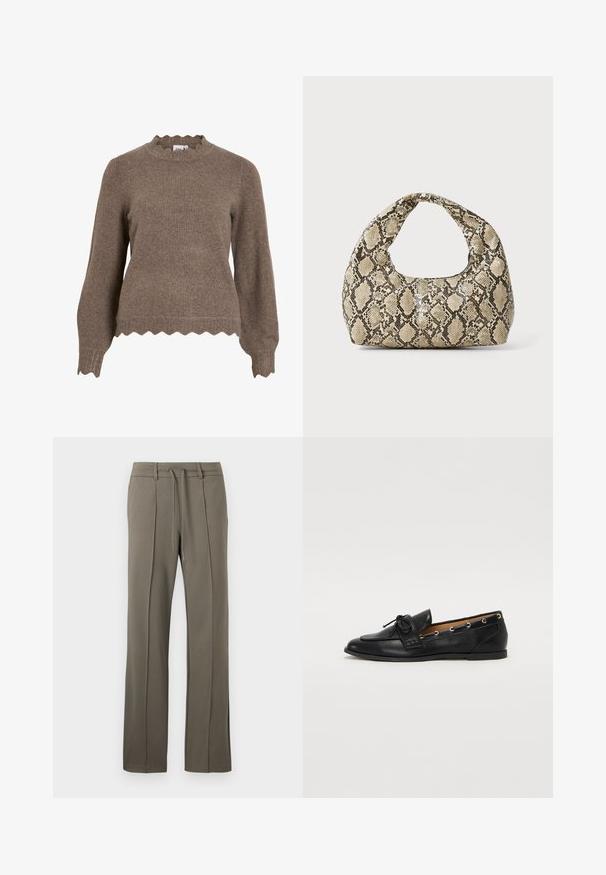 Brown knit sweater with a scalloped neckline and hem, featuring long sleeves and a textured finish.; Khaki trousers with a straight-leg design, drawstring waist, and two front pleats. Made from a soft, textured fabric.; Black leather loafers with a tied bow, featuring gold eyelet accents along the sides and a flat rubber sole. Smooth texture, classic design.; Snake-print handbag with a curved handle. Made from textured, beige and brown materials, featuring a distinctive diamond pattern.