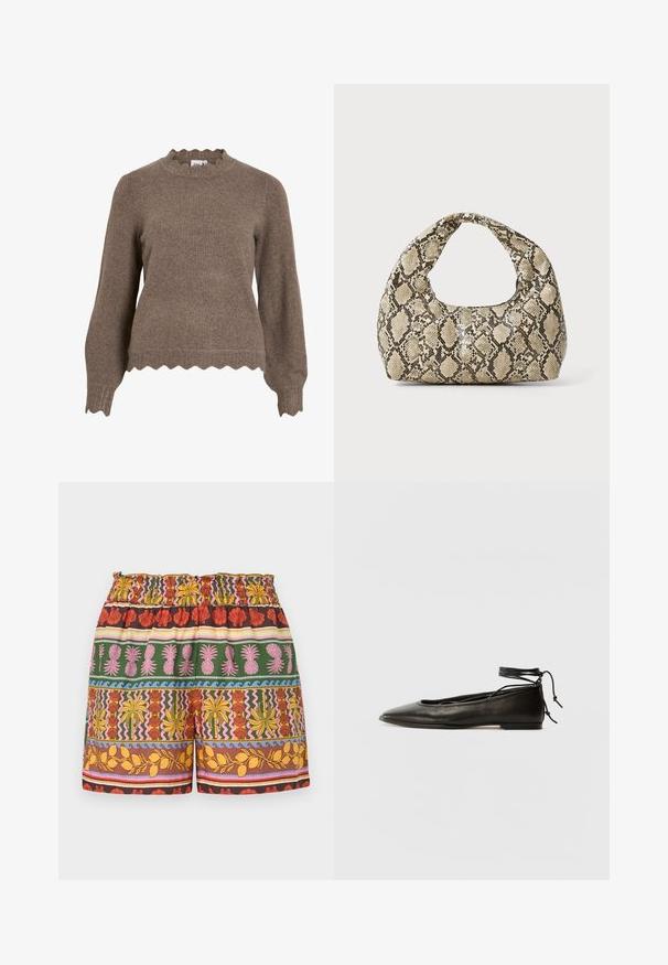 Brun strikkegenser med en bølget halslinning og kant, med lange ermer og en teksturert overflate.; Mønstret shorts med en blanding av lyse farger inkludert rød, gul, grønn og rosa, med elastisk midje og varierte tropiske motiver.; Svarte lær balletflater med spiss tå, ankelbånd og flat såle, som har en glatt tekstur og minimalistisk design.; Veske med slangeskinnmønster og krummet håndtak. Laget av teksturerte, beige og brune materialer, med et særegent diamantmønster.