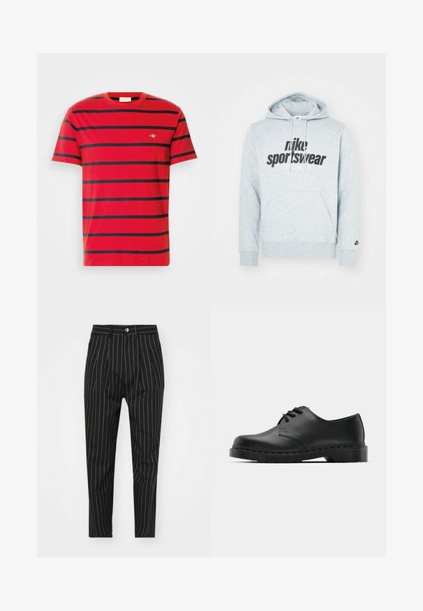 Gray cotton hoodie with a kangaroo pocket, drawstring hood, and bold black "Nike Sportswear" logo. Ribbed cuffs and hem detail included.; Red cotton t-shirt featuring horizontal navy stripes, a crew neckline, and a small embroidered logo on the chest. Classic fit design.; Black pinstriped trousers with a tailored fit, featuring a front button closure, belt loops, and a smooth fabric texture.; Black leather oxford shoe with lace-up design, rounded toe, flat rubber sole, and subtle stitching detail along the upper.