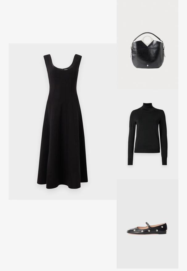 Pulover negru cu mânecă lungă și guler tip colier, cu manșete și tiv cu elastic, expus pe un fundal alb simplu.; Rochie neagră cu decolteu rotund, design fără mâneci și o siluetă în A evazată. Prezintă detalii cu cusături verticale pentru structură.; Pantofii Mary Jane din piele neagră, cu vârful rotund, decorati cu nasturi circulari argintii și o curea ajustabilă cu cataramă.; Geantă din piele neagră cu o formă curbată, mânere superioare circulare și detalii cu logo argintiu. Textură netedă și un design notabil cu decupaje.