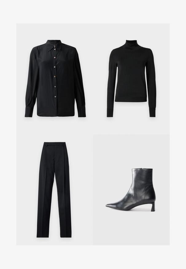Black long-sleeve turtleneck sweater with ribbed cuffs and hem, displayed on a plain white background.; Black long-sleeve shirt made of smooth fabric, featuring a classic collar and button placket with decorative buttons. No visible patterns.; Black trousers made from smooth fabric featuring a high waist, wide legs, front pleats, and classic belt loops. No side pockets visible.; Black leather ankle boot with a pointed toe and a sleek design. Features a low heel and a zipper closure at the back. Smooth texture.