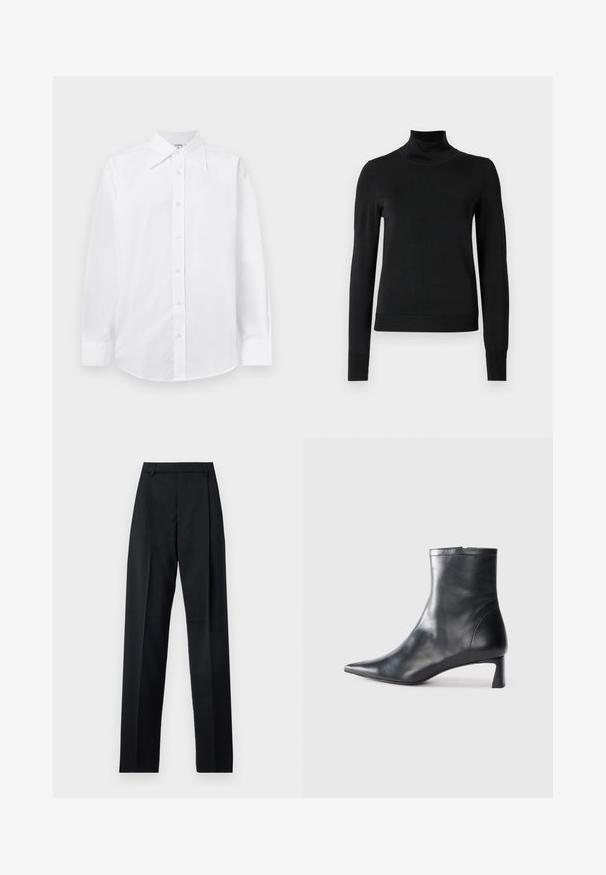 Black long-sleeve turtleneck sweater with ribbed cuffs and hem, displayed on a plain white background.; White fitted shirt with long sleeves, a classic pointed collar, and button front closure. Made of smooth, lightweight fabric.; Black trousers made from smooth fabric featuring a high waist, wide legs, front pleats, and classic belt loops. No side pockets visible.; Black leather ankle boot with a pointed toe and a sleek design. Features a low heel and a zipper closure at the back. Smooth texture.