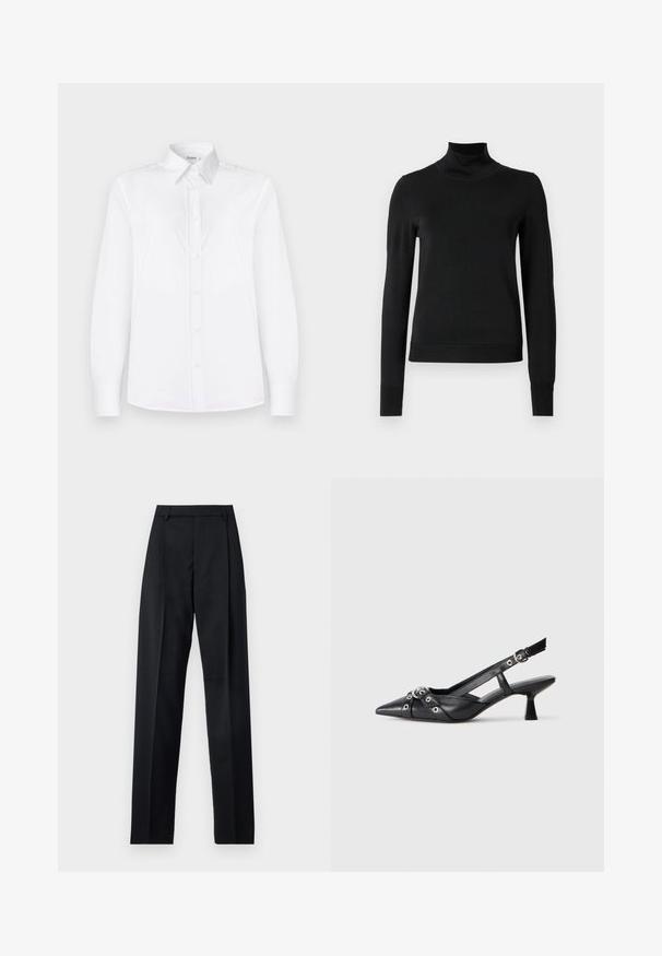 Black long-sleeve turtleneck sweater with ribbed cuffs and hem, displayed on a plain white background.; White long-sleeve shirt made of smooth fabric, featuring a collared neckline and a button front with light pink buttons.; Black trousers made from smooth fabric featuring a high waist, wide legs, front pleats, and classic belt loops. No side pockets visible.; Black leather slingback shoe with a pointed toe, decorative straps featuring metal eyelets, and a low block heel. Textured surface.