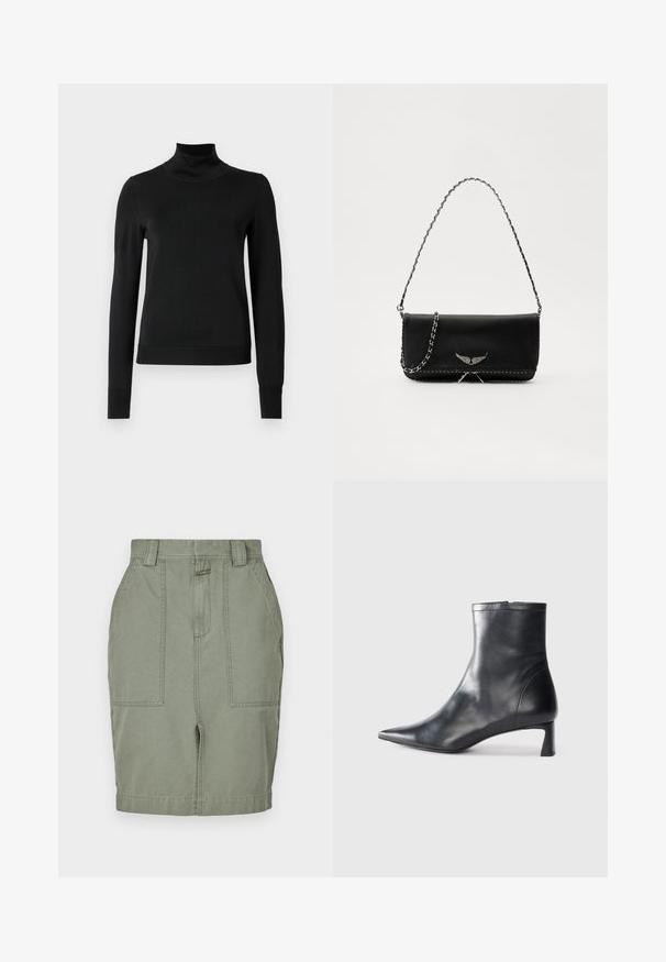 Črni pulover s dolgimi rokavi in vratnikom, z rebrastimi манжетами in robom, prikazan na enobarvni beli podlagi.; Khaki bomba krilo s ravnim krojem, dvema sprednjima žepoma, zadrgo in zankami za pas. Gladka tekstura z subtilnim sijajem.; Črne usnjene gležnjarje s šiljastim nosom in elegantnim dizajnom. Imajo nizko peto in zadrgo na zadnji strani. Gladka tekstura.; Črna usnjena torbica s srebrnim verižnim ročajem, ki ima okrasne krilate poudarke in belo šivanje ob spodnjem šivu.