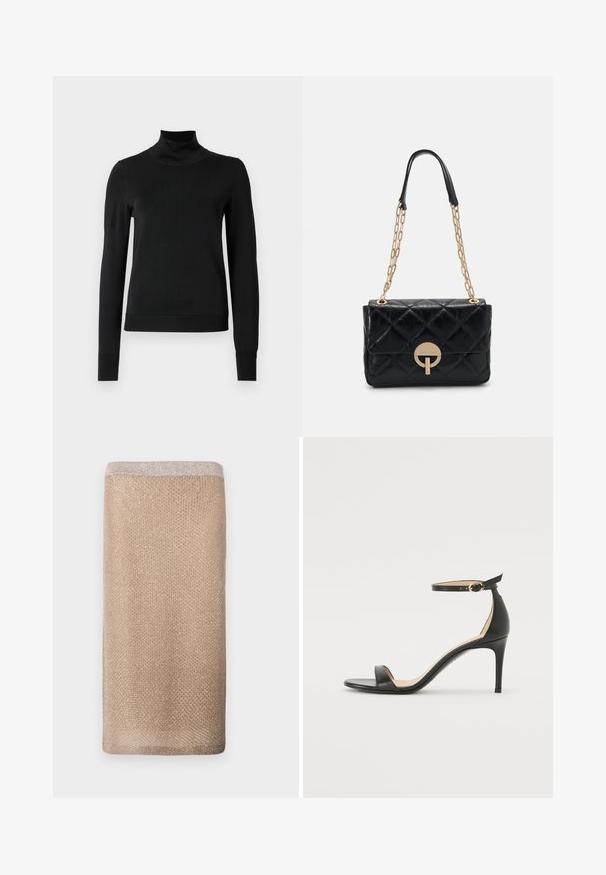Zwarte trui met lange mouwen en col, voorzien van geribde manchetten en zoom, weergegeven op een effen witte achtergrond.; Beige gebreide sjaal met een subtiele glans, textuurafwerking en een lichter gekleurd randje aan de bovenrand. Huidige vorm.; Zwarte leren hoge hak sandaal met enkelbandje. Heeft een gladde textuur, open teen en een dunne hak. Gouden gesp detail.; Zwarte, gewatteerde leren handtas met een gouden kettingband, voorzien van een cirkelvormige sluiting. Compact rechthoekige vorm met een gladde textuur.