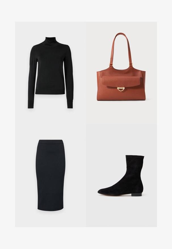 Μαύρο μακρυμάνικο πουλόβερ με ψηλή λαιμόκοψη και ριγωτές μανσέτες και τελείωμα, το οποίο είναι παρουσιασμένο σε απλή λευκή φόντο.; Armani Exchange GONNA - Pencil φούστα - black; Μαύρη σουέντ ankle boot με εφαρμοστό άξονα, μυτερή μύτη και χαμηλό τετράγωνο τακούνι. Λείο υλικό και μινιμαλιστικός σχεδιασμός, κατάλληλη για πολυάριθμους συνδυασμούς.; Καφέ δερμάτινη τσάντα tote με μακριές λαβές, εμπρός τσέπη με καπάκι και χρυσό κούμπωμα σε σχήμα καρδιάς με χαραγμένο "Love Moschino."