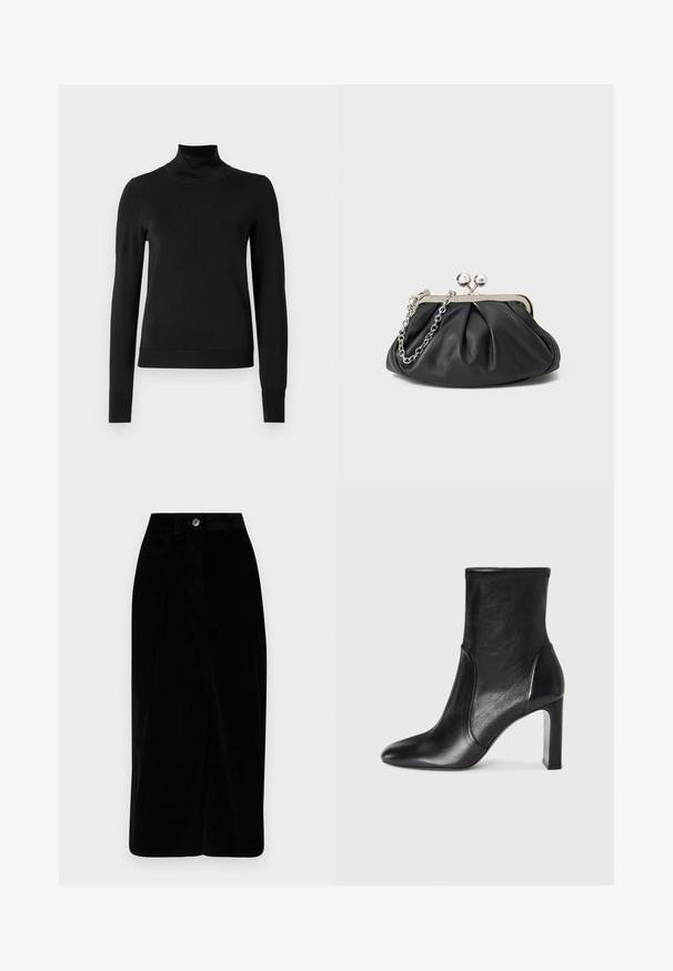 Sort langærmet turtleneck sweater med ribbede manchetter og kant, vist på en simpel hvid baggrund.; Sort kordfløjl midi-nederdel med lige pasform, frontknaplukning og to sidelommer. Blød tekstur med lodret ribbet mønster.; Sorte læder ankelstøvler med et slankt design, spids tå og høj blokhæl. Har en glat overflade og minimalistic syning.; Sort læder clutch med samlet tekstur, sølvfarvet metalramme, kys-lås lukning og kædestrop. Glat, blød overflade.