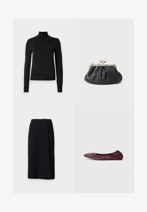 Pull à col roulé noir à manches longues avec des poignets et un ourlet côtelés, présenté sur un fond blanc uni.; WEEKEND MaxMara DEBORAH - Jupe crayon - nero; Ballerines en cuir bordeaux profond, avec un bout arrondi, un bord élastiqué et une texture lisse agrémentée de subtils plis.; Porte-monnaie en cuir noir avec texture froncée, cadre en métal argenté, fermeture à verrouillage kiss-lock et bandoulière en chaîne. Surface lisse et douce.