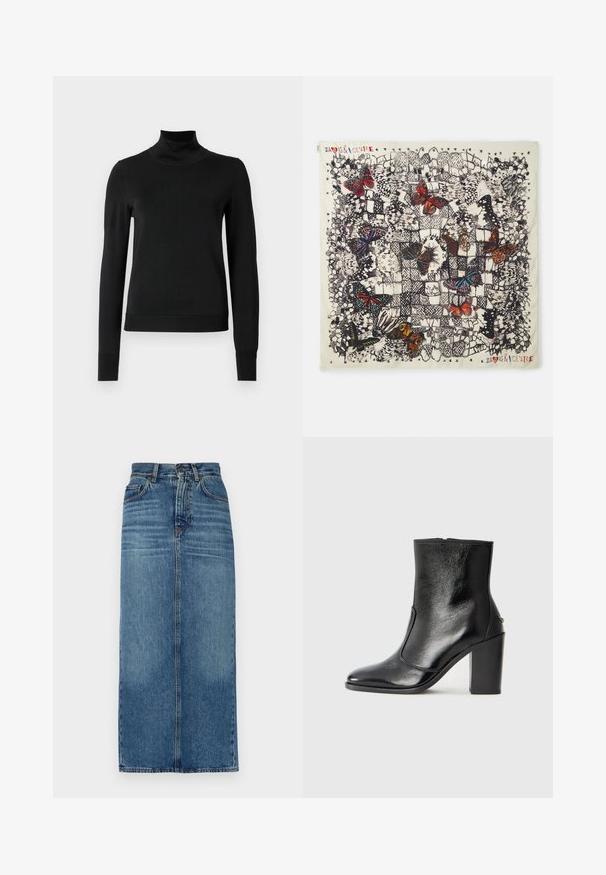 Čierny dlhý rukáv rolák s rebrovanými manžetami a lemom, zobrazený na čistej bielej pozadí.; Džinsová sukňa, strednej dĺžky, svetlá modrá pranie, vysoký pás, dizajn s piatimi vreckami, rovný strih, vyblednutá textura, s viditeľnými stehmi.; Čierna kožená kotníková obuv s hladkým povrchom, špicatou špičkou a masívnym vysokým podpätkom. Zdobená bočným otvorom a minimalistickým dizajnom.; Štvorcový hodvábny šál s detailnými ilustráciami motýľov v rôznych farbách na svetlom pozadí, s čiernymi obrysmi a dekoratívnymi vzormi.