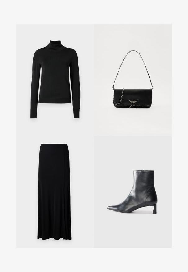 Melnas garām piedurknēm turtlenecks džemperis ar ribotām aprocēm un apakšmali, attēlots uz vienkārša balta fona.; Melnā garā svārku no gludas auduma, ar sānu izgriezumu, elastīgu jostasvietu un taisnu griezumu minimalistiskam dizainam.; Melnas ādas potītes zābaki ar norādītu pirkstu un elegantu dizainu. Iezīmē zemu papēdi un rāvējslēdzēja aizdari aizmugurē. Gluda tekstūra.; Melnas ādas rokassomā ar sudraba ķēdes siksnu, kurai ir dekoratīvi spārnu akcenti un baltā šuvēšana apakšējā šuvē.