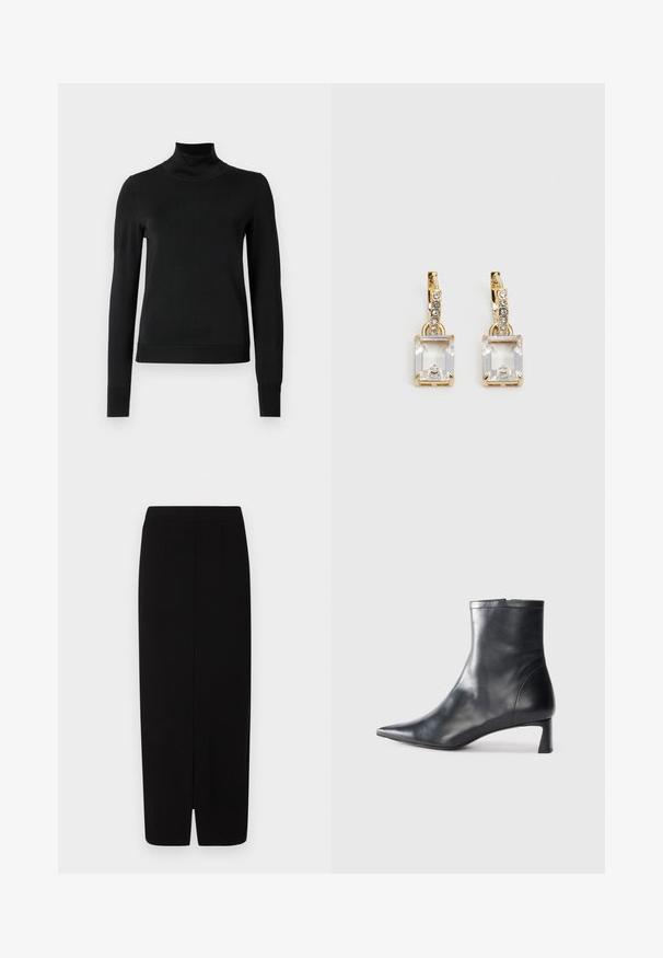 Schwarzer Langarmrollkragenpullover mit gerippten Bündchen und Saum, auf einem schlichten weißen Hintergrund präsentiert.; Schwarzer Bleistiftrock aus glattem Stoff, mit hoher Taille, zwei vorderen Falten und einem Schlitz am Saum für Bewegungsfreiheit.; Schwarze Lederstiefelette mit spitzer Zehe und schlankem Design. Verfügt über einen niedrigen Absatz und einen Reißverschluss hinten. Glatte Textur.; Ohrringe in Goldfarbe mit einem rechteckigen, durchsichtigen Kristall, der unter einer Reihe kleiner, runder klarer Akzente hängt. Elegantes, modernes Design.