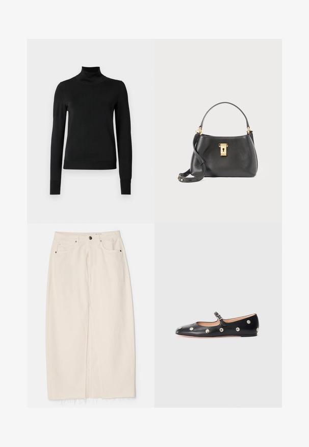 Crna dugosruga majica s rolijom i rebrastim manžetama i donjim rubom, prikazana na jednostavnoj bijeloj pozadini.; rag & bone AVERY SKIRT - Suknja od trapera - ecru; Crne kožne Mary Jane balerinke s zaobljenim vrhom, koje sadrže srebrne kružne zakovice i podesivu traku s kopčom.; Crna kožna torbica s teksturiranim završetkom, s zlatnom bravicom, kratkom drškom i uklonjivim remenom za rame.