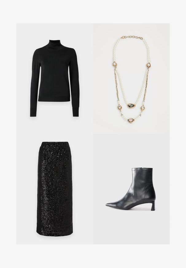 Pull à col roulé noir à manches longues avec des poignets et un ourlet côtelés, présenté sur un fond blanc uni.; Jupe crayon noire en sequins avec une taille élastique. La surface est couverte de sequins réfléchissants agencés de manière dense, créant un aspect texturé.; Bottine en cuir noir avec un bout pointu et un design épuré. Présente un petit talon et une fermeture éclair à l'arrière. Texture lisse.; Collier de perles avec des accents en or, comprenant trois montures ornées de gemmes et une section en chaîne tressée. La palette de couleurs inclut le blanc et l'or.