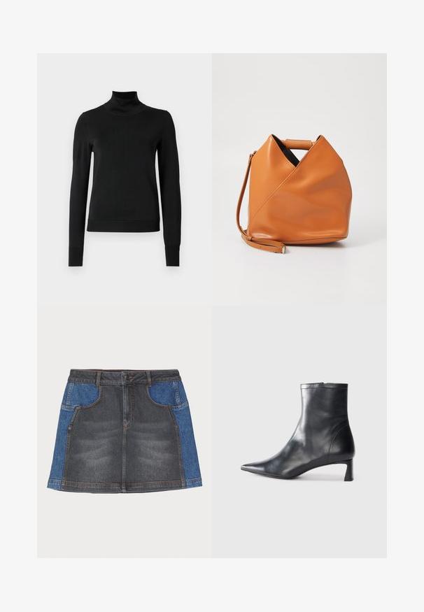 Sweater preto de manga longa com gola alta, com punhos e bainha canelados, exposto em um fundo branco liso.; Saia de ganga com frente em cinza escuro e painéis laterais em azul claro, com um cós regular, dois bolsos frontais e costuras em contraste.; Bota de tornozelo em pele preta com biqueira apontada e um design elegante. Apresenta um salto baixo e um fecho com zipper na parte de trás. Textura suave.; Bolsa de couro castanho-claro com um design único de dobras triangulares, alça superior e alça de ombro destacável, em fundo branco.