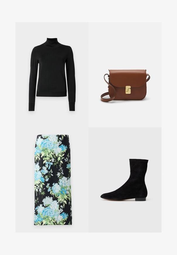 Pulover negru cu mânecă lungă și guler tip colier, cu manșete și tiv cu elastic, expus pe un fundal alb simplu.; Fustă creion florală din material negru, decorată cu hortensii mari albastre și verzi și flori mici albe, accentuată cu o fundiță albastră deschisă.; Cizme scurte din suede negre, cu un știft ajustat, vârful ascuțit și un toc mic, pătrat. Textură netedă și design minimalist, potrivite pentru un stil versatil.; Geantă de piele maro cu închidere tip capac, accesorii de culoare aurie, curea de umăr și o textură netedă. Formă compactă și rectangulară.