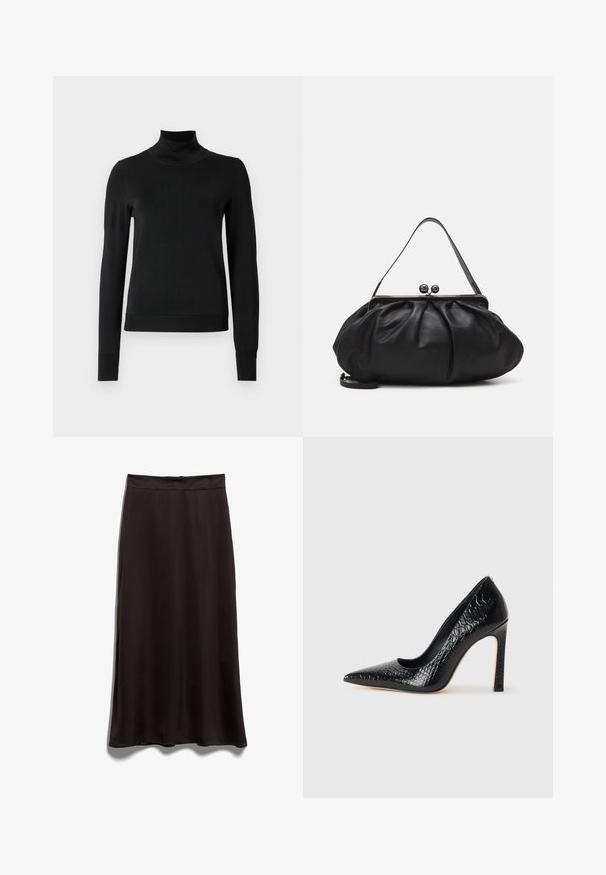 Juoda ilgomis rankovėmis turtleneko tipo megztinis su rebruotomis rankovėmis ir apačia, eksponuojamas ant paprasto balto fono.; Juodas satino midi sijonas su lygiu paviršiumi, tiesia forma ir juosmeniu. Matomų raštų ar aksesuarų detalių nėra.; Juoda smailiakulnė aukšto kulno bateliai su krokodilo odos tekstūra, pasižymintys elegantišku dizainu, aukštu stiletu kulnu ir lygia juoda vidine dalimi.; Juodas odinis rankinė su apvalia, raukšlėtą dizainą. Priedai metalinė užsegimas su dviem dekoratyvinėmis kamuoliukais ir plona, nuimama pakaba.