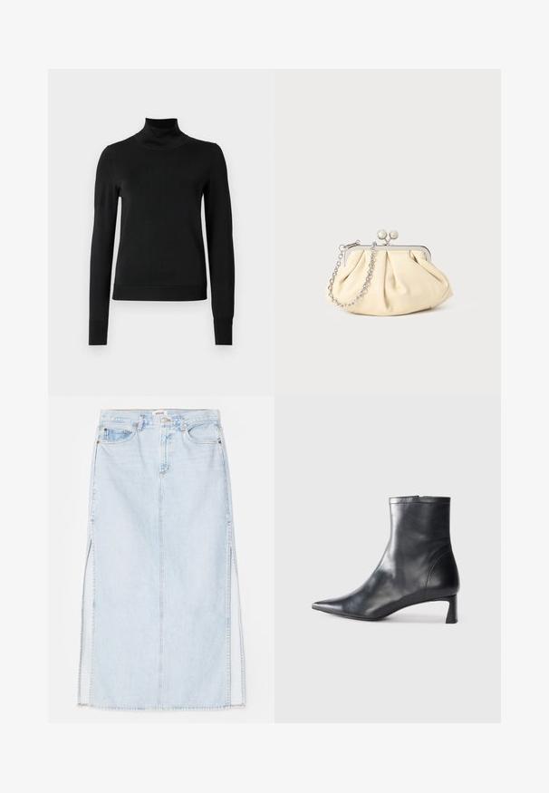 Schwarzer Langarmrollkragenpullover mit gerippten Bündchen und Saum, auf einem schlichten weißen Hintergrund präsentiert.; Hellblaue Jeans-Maxi-Rock mit geradem Schnitt, ausgestattet mit seitlichen Schlitzen und einem Fünf-Taschen-Design. Auffällige Nähte und Metallschnappverschluss.; Schwarze Lederstiefelette mit spitzer Zehe und schlankem Design. Verfügt über einen niedrigen Absatz und einen Reißverschluss hinten. Glatte Textur.; Faltige beigefarbene Ledertasche mit einem silbernen Metallrahmen, ausgestattet mit zwei runden dekorativen Verschlüssen und einem silbernen Kettenriemen.
