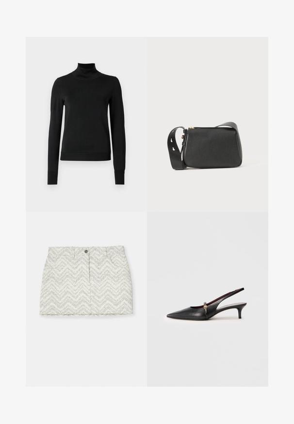Černý dlouhý rukáv rolák se žebrovanými manžetami a lemem, vystavený na čistě bílém pozadí.; Bílá sukně s šikmým vzorem v šedé barvě, s knoflíkovým zapínáním, dvěma postranními kapsami a rovný střih. Vyrobena z texturované látky.; Černé kožené sandály na podpatku s špičatou špičkou, tenkým podpatkem a zlatým akcentem u nártního pásku. Hladká textura a jednoduchý design.; Černá kožená crossbody taška obdélníkového tvaru s texturovaným povrchem, zlatými doplňky a nastavitelným popruhem s vyříznutými detaily.