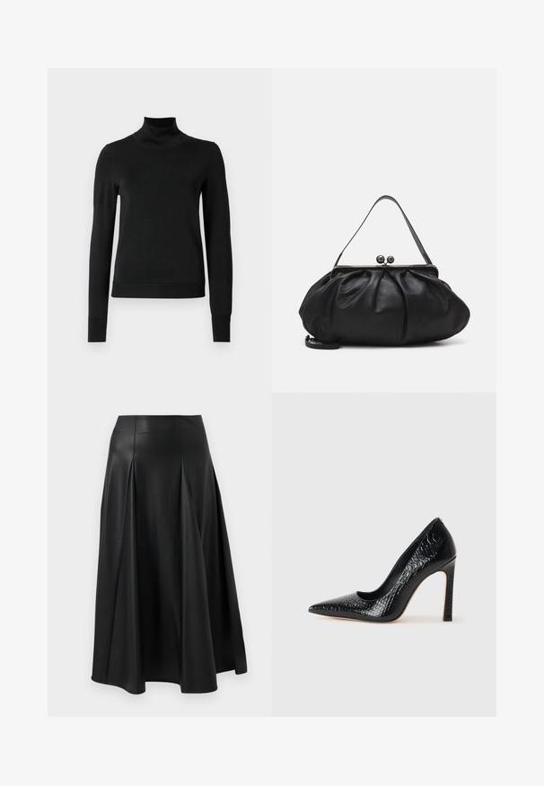 Black long-sleeve turtleneck sweater with ribbed cuffs and hem, displayed on a plain white background.; Black leather skirt featuring pleats, a smooth texture, mid-length design, and a fitted waistline. Minimalist style with no visible hardware.; Black pointed-toe high heel shoe with a crocodile-skin texture, featuring a sleek design, high stiletto heel, and smooth black interior.; Black leather handbag with a rounded, pleated design. Features a metallic clasp with two decorative balls and a slim, detachable strap.
