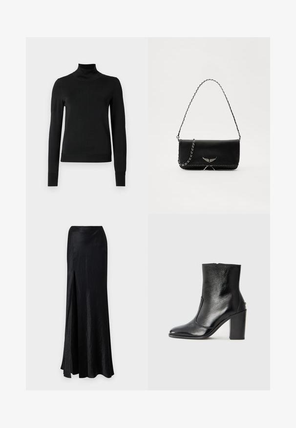 Sort langærmet turtleneck sweater med ribbede manchetter og kant, vist på en simpel hvid baggrund.; Nanushka HARLOW - Maxinederdele - black; Sorte læder ankelstøvler med en glat overflade, spids tå og en chunky høj hæl. Har en sidelukning og minimalistisk design.; Sort læderhåndtaske med en sølv kædestrop, der har dekorative vingedetaljer og hvid syning langs bunden.
