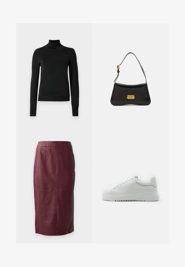 Čierny dlhý rukáv rolák s rebrovanými manžetami a lemom, zobrazený na čistej bielej pozadí.; Bordová kožená sukňa ceruzkového strihu s hladkou textúrou, dĺžkou po kolená a jemnými švovými detailmi. Žiadne viditeľné zapínanie.; Biele tenisky s texturovaným koženým zvrškom, okrúlymi špičkami a viazaním. Hrubá biela gumová podrážka s textúrovaným gripovým vzorom.; Čierna kožená kabelka s krivkovým dizajnom, akcentom vo forme zlatej loga a tenkým ramenným popruhom. Hladká textúra s elegantným povrchom.