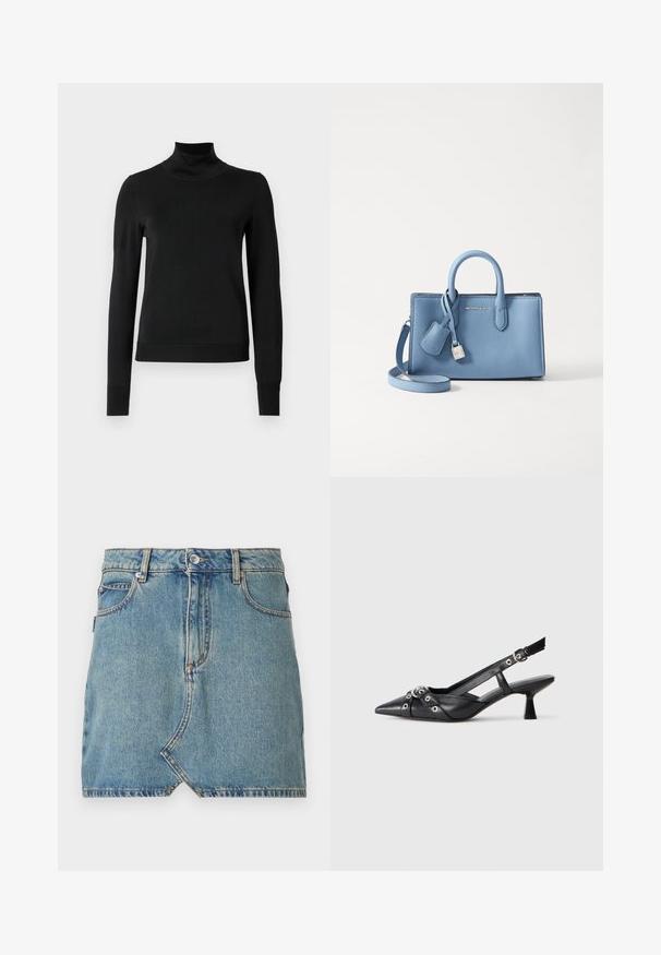 Suéter negro de manga larga con cuello de tortuga, con puños y dobladillo acanalados, exhibido sobre un fondo blanco liso.; Falda de mezclilla en azul claro, con un dobladillo sin acabar y un bolsillo delantero en diagonal, que presenta costuras en contraste y un cierre de botón único en la cintura.; Zapato de slingback negro de piel con punta afilada, correas decorativas con ojales de metal y un tacón bajo y ancho. Superficie texturizada.; Bolso de mano de cuero azul claro con asas dobles, correa de hombro desmontable y un detalle de cierre y etiqueta en tono plateado. Textura suave.