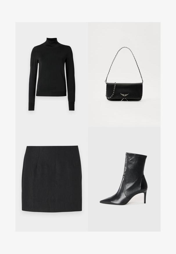 Fekete, hosszú ujjú garbós pulóver bordás mandzsettákkal és aljjal, sima fehér háttér előtt bemutatva.; Fekete szoknya, szabott fazonnal, rakott részletekkel és sima, texturált anyaggal. Az alja egyenes, a térd fölé érkező hosszúsággal.; Fekete bokacsizmák sima bőrből, hegyes orral, illeszkedő sínnel és karcsú, magas sarokkal. Minimalista dizájn, amelyen nincs látható fém munka.; Fekete bőrtáska ezüstlánc pánttal, díszes szárnyakkal és fehér varrással az alsó varrat mentén.