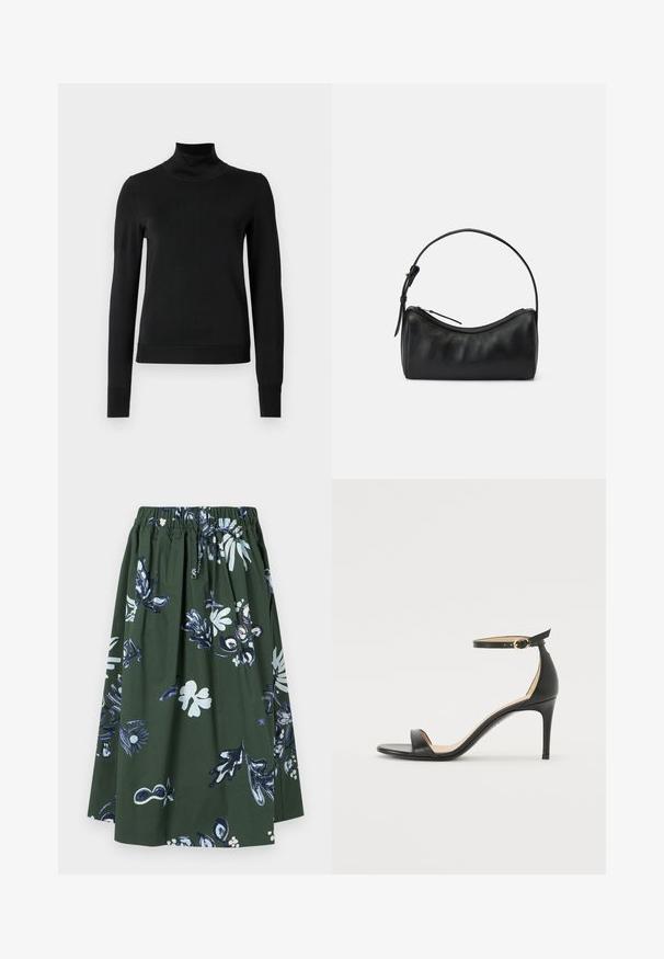 Crna dugosruga majica s rolijom i rebrastim manžetama i donjim rubom, prikazana na jednostavnoj bijeloj pozadini.; Zelena cvjetna midi suknja od pamuka, s naboranim strukom, plavim i bijelim cvjetnim uzorcima te lepršavim dizajnom.; Crne kožne sandale na visokom potpeticu s remenom oko gležnja. Imaju glatku teksturu, otvoreni prst i tanku potpeticu. Detalj s kopčom u zlatnoj boji.; Crna kožna torba za rame s kružnim dizajnom, zatvaranjem na patentni zatvarač i uskom trakom. Ima glatku teksturu i suptilne detalje šivanja.